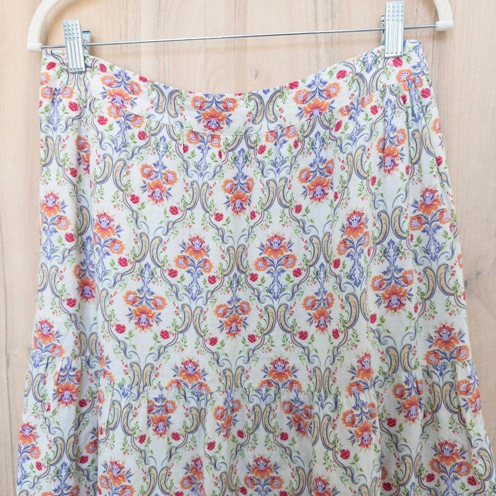 Cynthia Rowley Linen Maxi Skirt Medium Floral Damask Tiered Boho Cottage Coastal